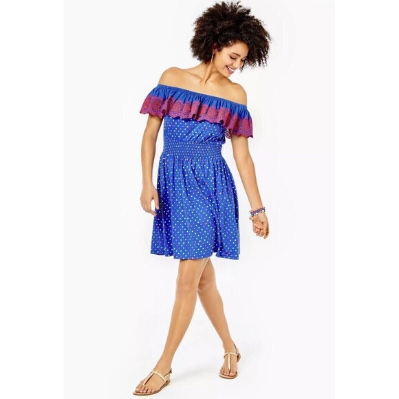 Lilly Pulitzer Dresses & Skirts - 270296 Lilly Pulitzer Kalama Off-The-Shoulder Smocked Mini Dress Embroidered L